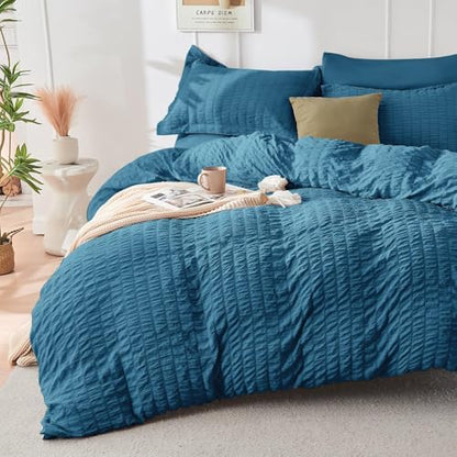 HYMOKEGE Teal California King Comforter Set Seersucker 7 Pieces, All Season Luxury Bed in a Bag for Bedroom, Bedding Set with Comforters, Sheets, Pillowcases & Shams