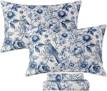 FADFAY Twin XL College Bedding Sunflower Bird Sheets Set Extra Long Dorm Room Essential Bedding 100% Egyptian Cotton Soft Breathable Sheets Blue de Jouy French Country Vintage Farmhouse Sheet 4Pcs