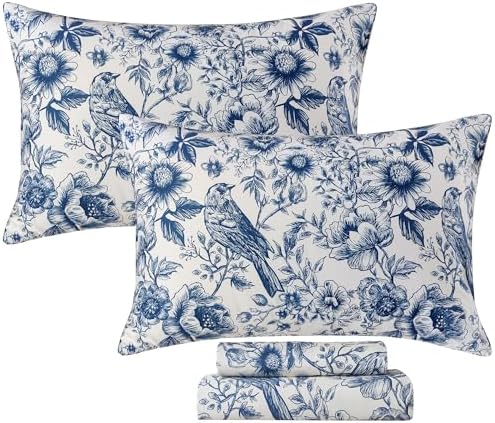 FADFAY Sunflower Bird Sheets Set Cal King 100% Egyptian Cotton Blue Toile de Jouy Bedding Vintage Blue and White Floral Farmhouse Bedding Shabby French Country Sheets Deep Pocket Soft Breathable 4Pcs
