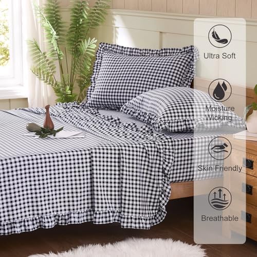 Gingham Full Sheet Set, Lightweight Super Soft Brushed Microfiber Plaid Bed Sheets with 16" Deep Pocket, 4 Piece Ruffle Farmhouse Bedroom Decor, Black