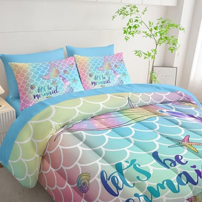 7Pcs Mermaid Tail Comforter Set Rainbow Scales Printed Bedding Set with 1 Comforter, 1 Flat Sheet, 1 Fitted Sheet and 4 Pillowcases for Girls Bedroom All Season(Twin)