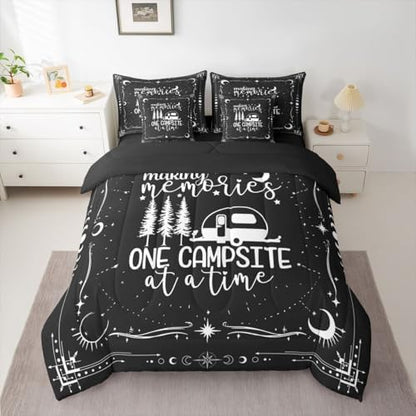 Erosebridal 7 Pieces Camper Decor Bed Sets King Happy Camping Comforter and Sheets - Rustic Farmhouse Bed in A Bag for Kids Teens Adult, Starry Sky Comforter Camper Car Bedding Sheet Set Pillowcase