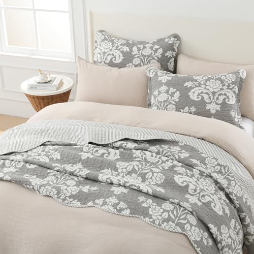 Queen Size Quilts - 100% Cotton Grey and White Quilt Set, 90x98