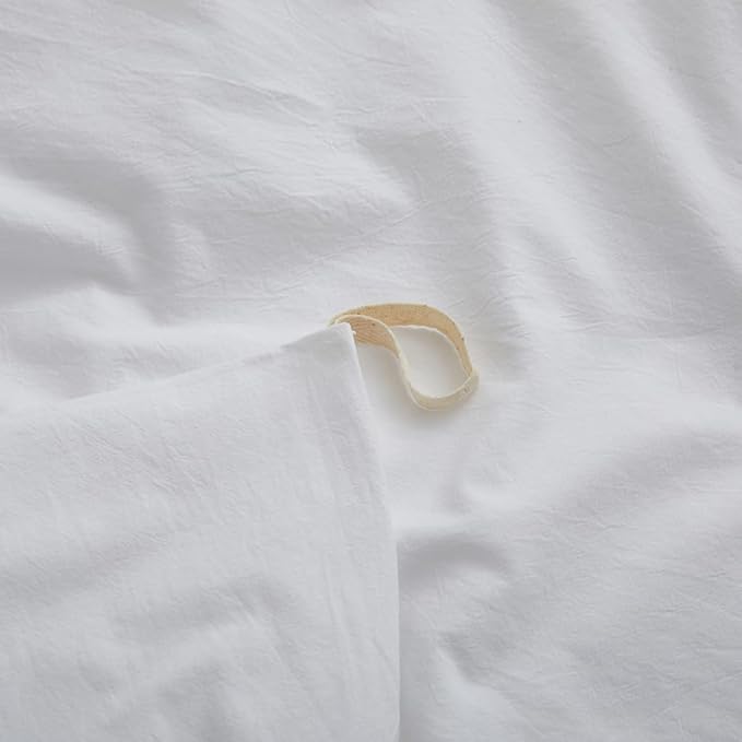 100% Washed Cotton Duvet Cover Queen Size, White Linen Like Breathable Natural Bedding Set (No Comforter), 90x90 Inches
