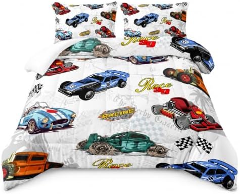 AILONEN Colorful Racing Car Comforter Set Twin Size, Cool Sports Bedding for Kids Boys, Competition Bed in a Bag, Extreme Sports Duvet Set, 1 Quilt 2 Pillowcases, 3 Pcs