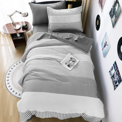 Twin Comforter Set,Gray Classic Striped Design Comforter Set 5 Pieces