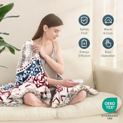 Reaks Heated Throw Blanket, 5 Heat Levels, 3 Hours Auto-Off, Red Beige