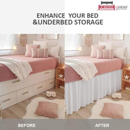eBeddy Linens Split Corner Dust Ruffle Dorm Bed Skirt Twin XL – 34 Inch Drop, 100% Microfiber, Extra Long Bed Skirt for College Dorm, Platform Style, White Solid, Hidden Storage Solution, Easy Fit