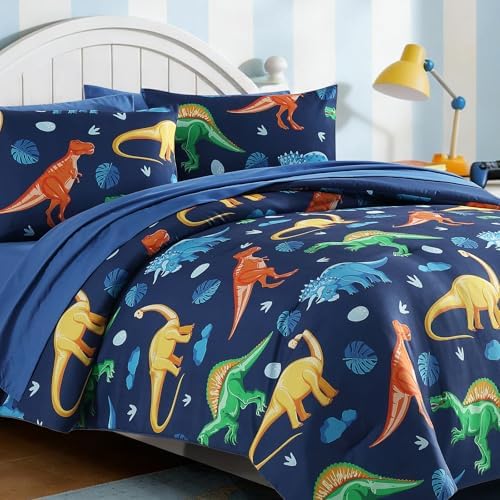 Boys Full Size Bedding Set - 7 Pieces Navy Dinasour Full Comforter Sets