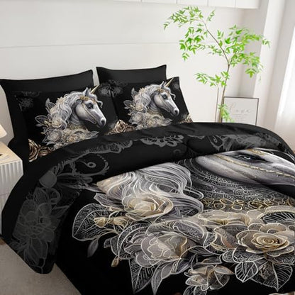 7 Piece Queen Size Horse Comforter Set with Sheets，Queen Horse Bedding Sets for Girls，(1 Comforter, 1 Flat Sheet, 1 Fitted Sheet, 2 Pillowcase and 2 Pillow Sham)
