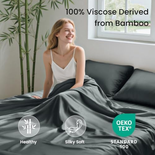 Love's cabin 4 Piece King Size Sheet Set, 100% Rayon Derived from Bamboo, Cooling & Breathable, Soft Silky Deep Pocket up to 16", Hotel Luxury Bedding for Hot Sleepers, Dark Grey