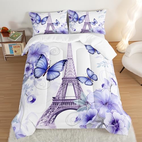 Beautiful Butterfly Comforter Set Queen Size,Romantic Eiffel Tower Printed Comforter Bedding Sets for Girls Women Room Paris Decor,Fantasy Floral Bedding Sets with 2 Pillowcases.