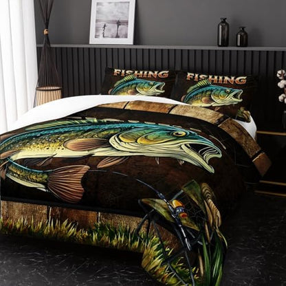 Nttopship Big Pike Fish Bedding, Bass Fishing Comforter Set Hunting and Fishing Brown Green Bedding Set Themed Comforter Set for Kids Boys Room Decor, King Bed in a Bag for Teens with 2 Pillowcases
