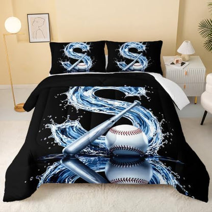 BSNTHO Baseball Comforter Set Twin Size, Black Kids Comforter 3Pcs