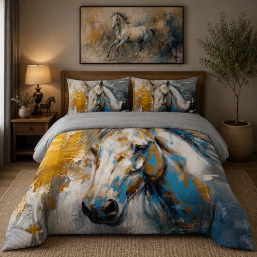 Nttopship Horse Canvas Comforter Set Twin Size,100% Soft Ultra-fine Fiber Four Season White Horse Comforter Set with 1 Comforter and 2 Pillow Case