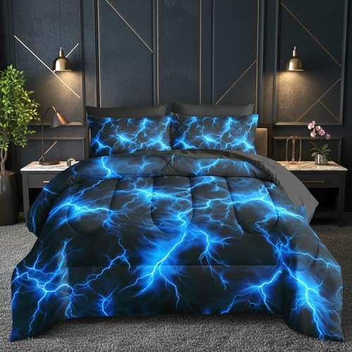 QOOMO Blue Lightning 7 Pieces Comforter Set Queen,Neon Bedding Set for Kids