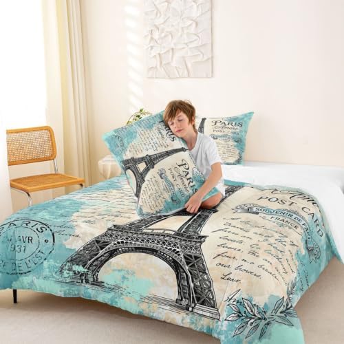 Feelyou Eiffel Tower Comforter Girls Women Bedding Set Twin Size