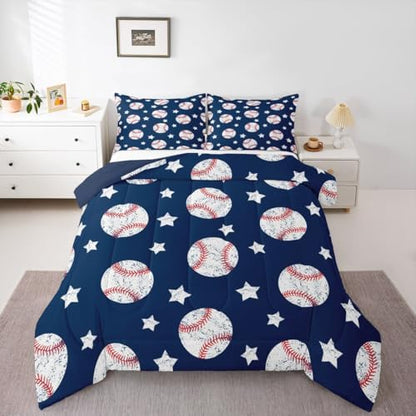 Castle Fairy Baseball Bedding Set Queen,Vintage White Graffiti Star Comforter Set 3pcs for Kids Boys Teens Room Decor,Ball Sports Games Duvet Insert Navy Blue Quilted Duvet with 2 Pillowcases