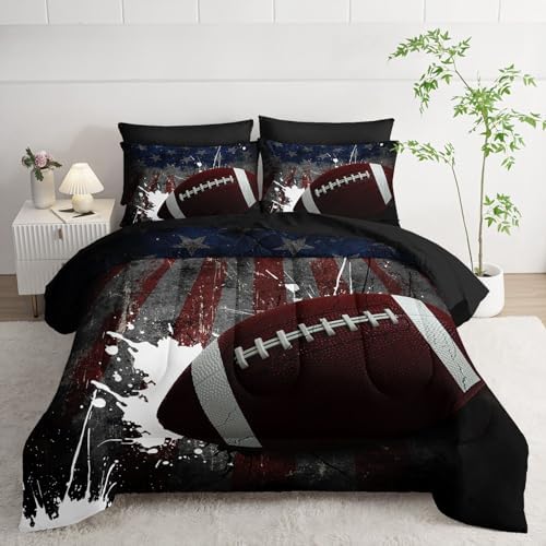 7Pcs Comforter Set American Football Printed Bedding Set with 1 Comforter, 1 Flat Sheet, 1 Fitted Sheet and 4 Pillowcases for Boys and Girls Bedroom All Season(Football Full
