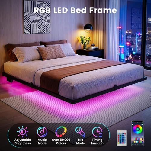 Liians King Floating Bed Frame with Smart LED Lights, USB Charging Station