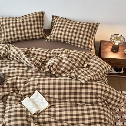 LifeTB Vintage Gingham Duvet Cover Twin Size, 100% Washed Cotton Brown Beige Plaid Checkered Comforter Cover with 2 Pillowcases, Breathable Grid Farmhouse Gingham Bedding Set for All Seasons