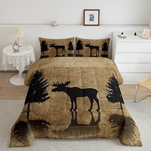 Moose Print Comforter Set for Teens Kids Men Bedroom Decor, Wild Animal Deer Pattern Duvet Insert Unique Exotic Style Bedding Set Vintage Decor Quilt Ultra Soft Bedding Comforters King Size