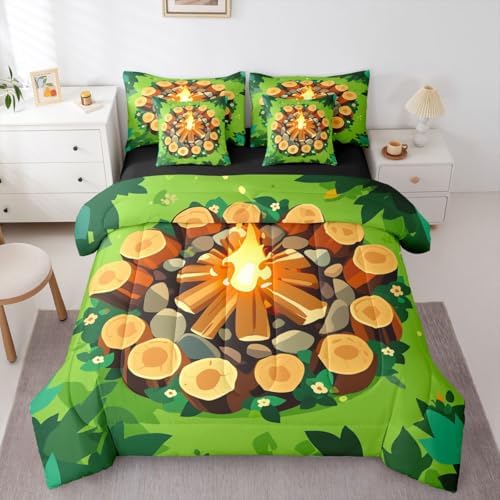 Erosebridal Campfire 7 Piece Bed in A Bag Full Forest Tree Stump Bed in A Bag Happy Camping Camper Bedding Sets for Kids Boys Girls Woodland Campsite Summer Adventure Sheet Set with Comforter