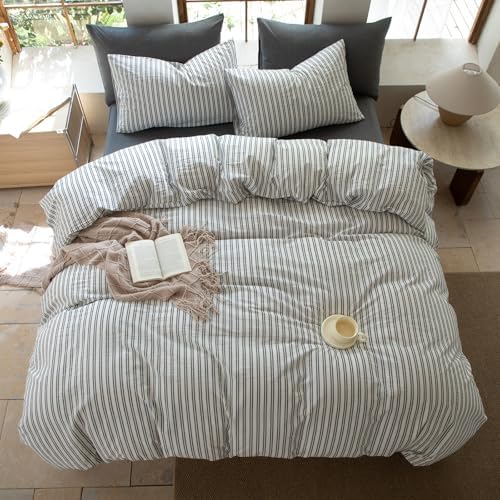 Striped Duvet Cover Set King Size 3 Piece 100% Washed Cotton Linen Feel Bedding Comfy Breathable Modern Farmhouse (King, Double Stripe-White/Black)
