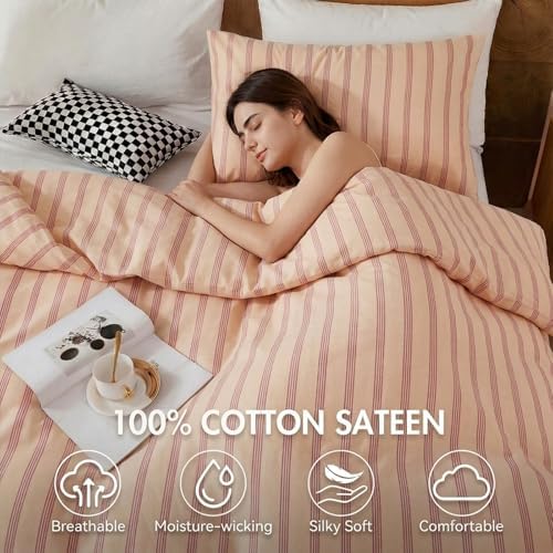 Bedbay 100% Cotton Striped Duvet Cover Set Queen Size, Warm Apricot Bedding Set, 100% Cotton Sateen, Silky Soft Cozy 3 Piece Duvet Cover for All Seasons