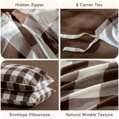 JIYUAN King Washed Cotton Duvet Cover Set, 3-Piece, Buffalo Check