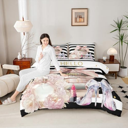 jejeloiu Pink Fashion Comforter Set Toddler Size Kids Black White Striped Bedding Set Boys Girls Floral Duvet Breathable Perfume High Heels Books Quilt Bedroom Decor,1 Comforter with 1 Pillowcase