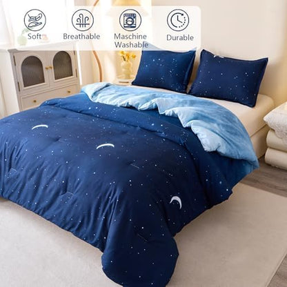 Caressma Blue Starry Sky Comforter Set Moon Galaxy Twin Size 2 Pieces
