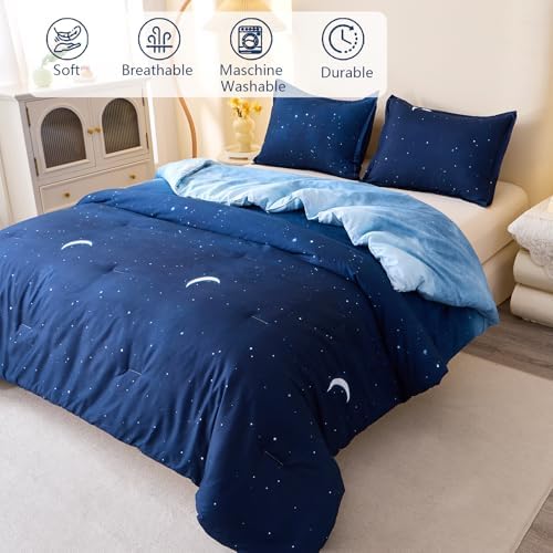 Caressma Blue Starry Sky Comforter Set Moon Galaxy Full Size 3 Pieces