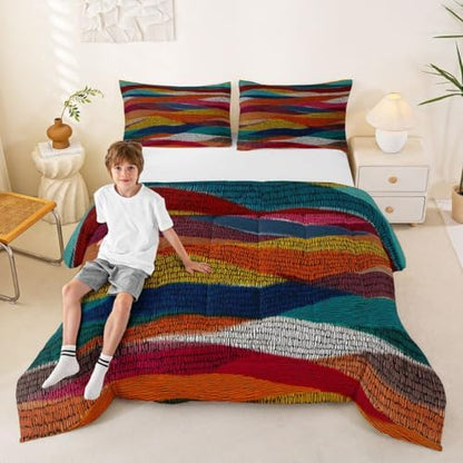 Castle Fairy Rainbow Embroidered Waves Boys Girls Comforter Set Full Size,Bohemian Wavy Duvet Set Teens Bedroom Decor,Geometric Tribal Ethnic Microfiber Soft Bedding 3PCS