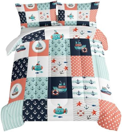 HOSIMA Nautical Bedding Set,Plaid Patchwork Pattern Hand Painted Seaplane,Boat and Anchor Comforter for Boys Kids Girls Bedroom Decor,Sea Adventure Theme Comforter Queen Size with 2 Pillowcases.