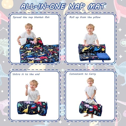 Lasoftan Toddler Nap Mat with Pillow and Blanket, Extra Large Rolled Napping Mats,Slumber Bags for Boys Girls,Kids Sleeping Bag for Daycare, Preschool Travel Camping