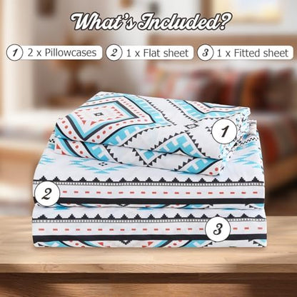 CozySmile 4 Pieces King Sheet Set Bohemian, Boho Sheets Soft Microfiber Deep Pocket, Western Sheets Geometric(King, Turquoise Geometric)