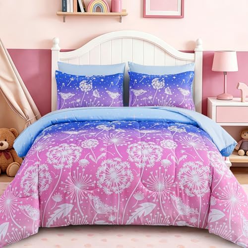 Dinjoy Girls Comforter Set 7 Pieces, Queen Size Colorful Ombre Rainbow Bedding Set, Bed in A Bag for Kid Teen Girls (1 Comforter, 1 Flat Sheet, 1 Fitted Sheet, 2 Pillow Shams, 2 Pillowcases)