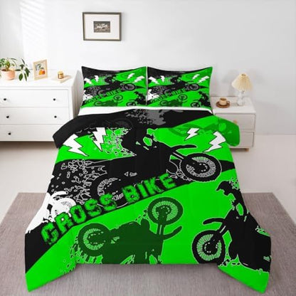 Erosebridal Boys Dirt Bike Comforter Set King Kids Motocross Bedding Set Dirtbike Bedroom Decor for Boys Men Adult,Rider Motorcycle Bed Set Cool Extreme Sports Bedding Sets 3Pcs,Green Black
