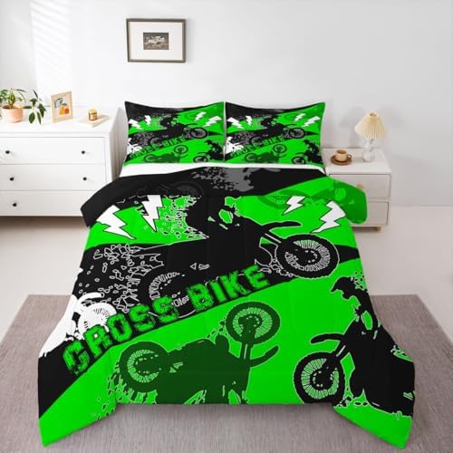 Erosebridal Boys Dirt Bike Comforter Set Queen Kids Motocross Bedding Set Dirtbike Bedroom Decor for Boys Men Adult,Rider Motorcycle Bed Set Cool Extreme Sports Bedding Sets 3Pcs,Green Black