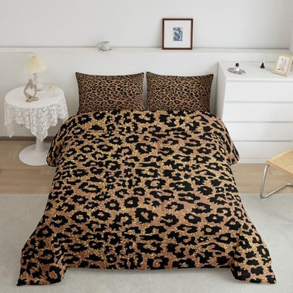 Black Leopard Kids Comforter Set Full Size,Wild Animal Cheetah Skin Dots Bedding Set,Girls Boys Room Decor,Wildlife Golden Glitter Fashion Quilt Comforter,Brown Rustic Duvet Insert,2 Pillowcases