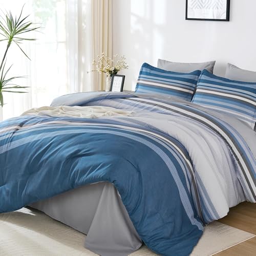 Dobuyly Grayish Blue Queen Comforter Set 7 Pieces, Boho Striped Bed in a Bag Queen Size Soft Microfiber All Season Grey Bedding Set with Comforter, Sheets, Pillowcases & Shams