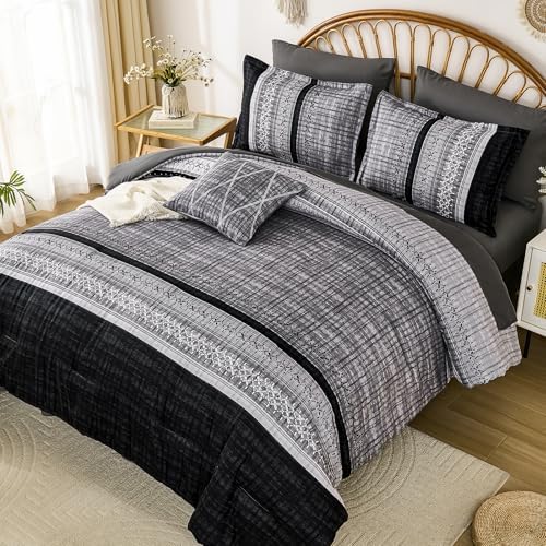Dintszyayue Black Comforter Set King Size, 8 Pieces Boho Striped Bed in a Bag Soft Microfiber Bedding Set for All Season