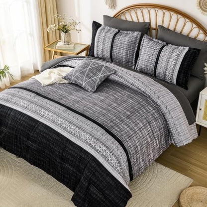 Dintszyayue Black Comforter Set King Size, 8 Pieces Boho Striped Bed in a Bag Soft Microfiber Bedding Set for All Season