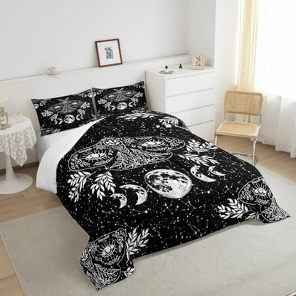 Erosebridal Gothic Moth Comforter Set Full Size Skeleton Halloween Boho Death Moth Decor Quilted Duvet Animal Skeleton Skull Down Comforter Bohemian Sun and Moon Duvet Insert with 2 Pillowcases