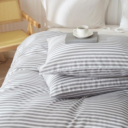 LifeTB Queen Comforter Set Grey White Stripes Comforter 3 Pieces Fluffy Soft Lightweight Bedding Comforter for All Season Down Alternative Comforter Boho Farmhouse Bedding Striped Comforter Set