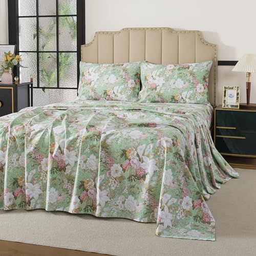 FADFAY Sheets Set King Floral Sheets 100% Cotton Elegant Farmhouse Bedding Mint Green Leaves and White Flower Printed Bed Sheet Soft Botanical Lily Pattern Deep Pocket Sheet 17.5'' 4 Pcs, King