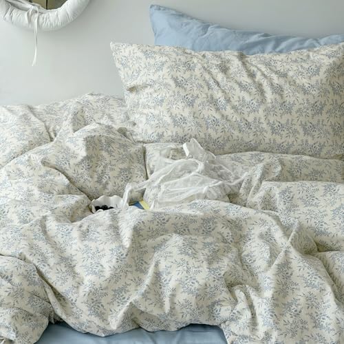 mixinni Blue Floral Duvet Cover Twin Size - 100% Cotton Soft Boho Comforter Cover with Zipper Closure 4 Ties, 3-Piece Vintage Aesthetic Botanical Bedding Set with 2 Pillowcases, All Season Bed Set