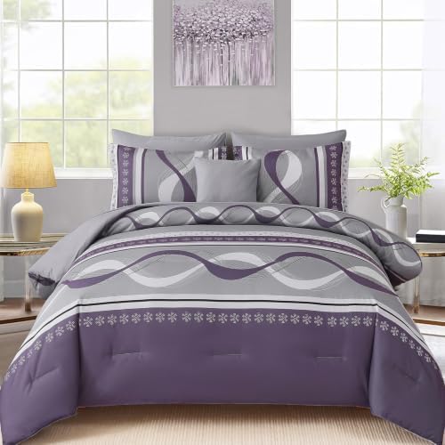 Grey Purple Comforter Set King Size,8 Pieces Patchwork Striped Bed in a Bag