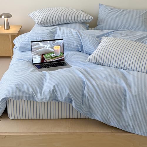 Mucalis Blue Striped Duvet Cover Set Queen Pinstripe Duvet Cover 100% Washed Cotton White Stripes Patterned 3 Piece Vintage Striped Bedding Set with Zipper Closure Corner Ties,Soft Breathable